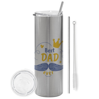 Best dad ever ο Βασιλιάς, Tumbler ποτήρι θερμό Ασημένιο από ανοξείδωτο ατσάλι 600ml, με μεταλλικό καλαμάκι & βούρτσα καθαρισμού
