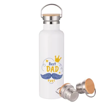 Best dad ever ο Βασιλιάς, Μεταλλικό παγούρι θερμός (Stainless steel) Λευκό με ξύλινο καπάκι (bamboo), διπλού τοιχώματος, 750ml