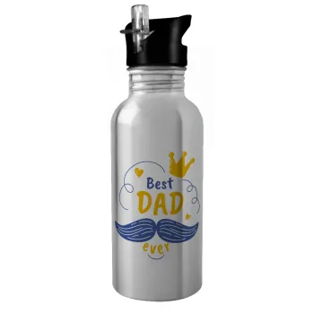 Best dad ever ο Βασιλιάς, Water bottle Silver with straw, stainless steel 600ml