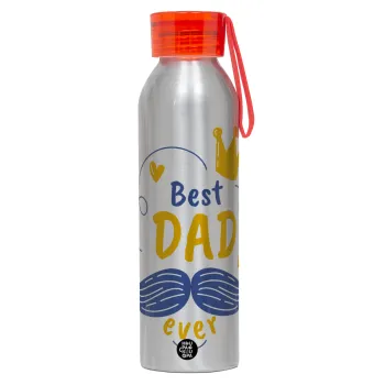 Best dad ever ο Βασιλιάς, Αλουμινένιο Αθλητικό Μπουκάλι 650ml – Ασημί με Κόκκινο Καπάκι και Λουράκι Σιλικόνης
