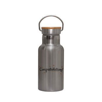 Congratulations, Stainless steel metallic thermos flask, silver with a bamboo lid, double-walled, 350ml.