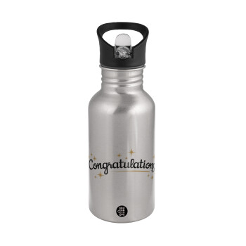 Congratulations, Water bottle Silver with straw, stainless steel 500ml