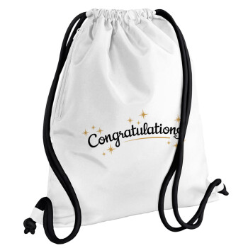 Congratulations, Τσάντα πλάτης πουγκί GYMBAG λευκή, με τσέπη (40x48cm) & χονδρά κορδόνια