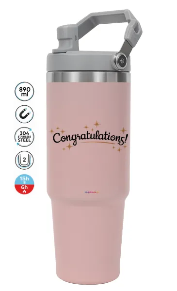 Congratulations — ΡΟΖ Travel Tumbler Θερμός με χερούλι και καλαμάκι 890ml