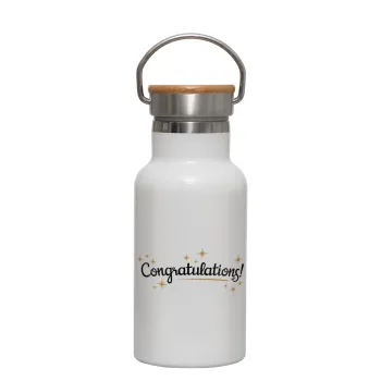 Congratulations, Metallic thermos (Stainless steel) White with wooden lid (bamboo), double-walled, 350ml