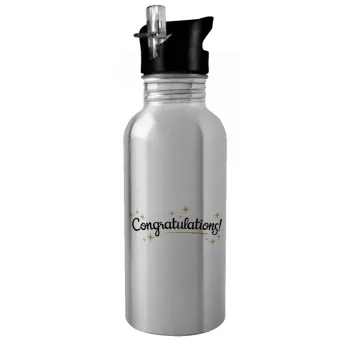 Congratulations, Water bottle Silver with straw, stainless steel 600ml