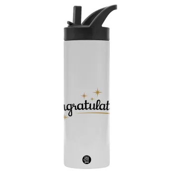 Congratulations, Μεταλλικό παγούρι θερμός με καλαμάκι & χειρολαβή, ανοξείδωτο ατσάλι (Stainless steel 304), διπλού τοιχώματος, 600ml