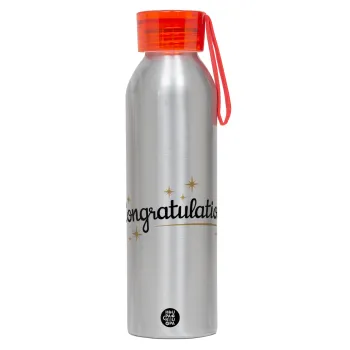 Congratulations, Αλουμινένιο Αθλητικό Μπουκάλι 650ml – Ασημί με Κόκκινο Καπάκι και Λουράκι Σιλικόνης