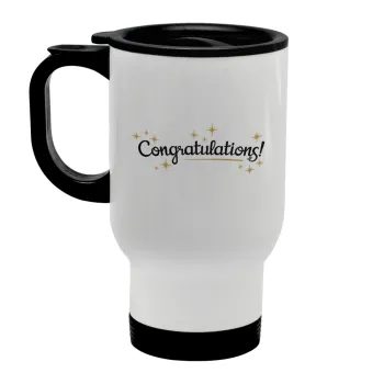 Congratulations, Stainless steel travel mug with lid, double wall white 450ml