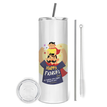 Happy Fathers Day με όνομα, Eco friendly stainless steel tumbler 600ml, with metal straw & cleaning brush