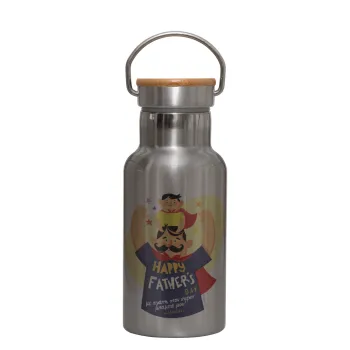 Happy Fathers Day με όνομα, Stainless steel metallic thermos flask, silver with a bamboo lid, double-walled, 350ml.