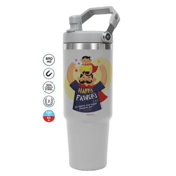 Happy Fathers Day με όνομα, GREY color, 890ml (30oz) stainless Steel Tumbler with Handle