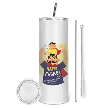 Happy Fathers Day με όνομα, Tumbler ποτήρι θερμό από ανοξείδωτο ατσάλι 600ml, με μεταλλικό καλαμάκι & βούρτσα καθαρισμού