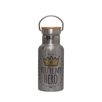 Dad, you are my hero!, Stainless steel metallic thermos flask, silver with a bamboo lid, double-walled, 350ml.