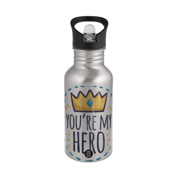 Dad, you are my hero!, Water bottle Silver with straw, stainless steel 500ml