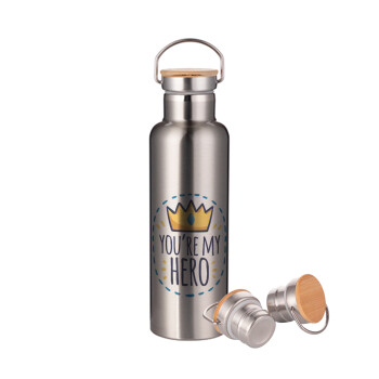 Dad, you are my hero!, Stainless steel Silver with wooden lid (bamboo), double wall, 750ml