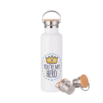 Dad, you are my hero!, Stainless steel White with wooden lid (bamboo), double wall, 750ml