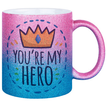Dad, you are my hero!, Κούπα Χρυσή/Μπλε Glitter, κεραμική, 330ml
