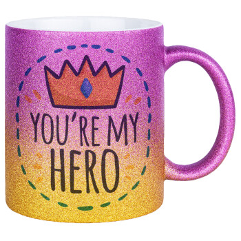 Dad, you are my hero!, Κούπα Χρυσή/Ροζ Glitter, κεραμική, 330ml