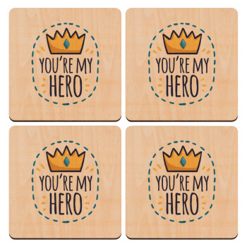 Dad, you are my hero!, ΣΕΤ x4 Σουβέρ ξύλινα τετράγωνα plywood (9cm)