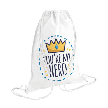 Dad, you are my hero!, Τσάντα πλάτης πουγκί GYMBAG λευκή (28x40cm)