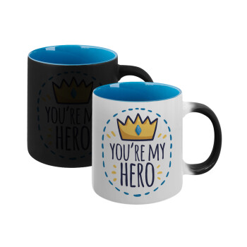 Dad, you are my hero!, Κούπα Μαγική εσωτερικό μπλε, κεραμική 330ml που αλλάζει χρώμα με το ζεστό ρόφημα