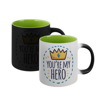 Dad, you are my hero!, Κούπα Μαγική εσωτερικό πράσινο, κεραμική 330ml που αλλάζει χρώμα με το ζεστό ρόφημα