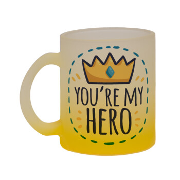 Dad, you are my hero!, Κούπα γυάλινη δίχρωμη με βάση το κίτρινο ματ, 330ml