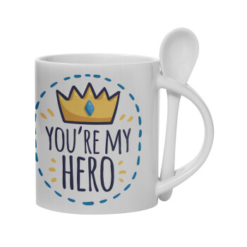 Dad, you are my hero!, Ceramic coffee mug with Spoon, 330ml (1pcs)