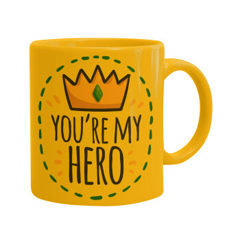 Dad, you are my hero!, Ceramic coffee mug yellow, 330ml