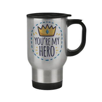 Dad, you are my hero!, Stainless steel travel mug with lid, double wall 450ml