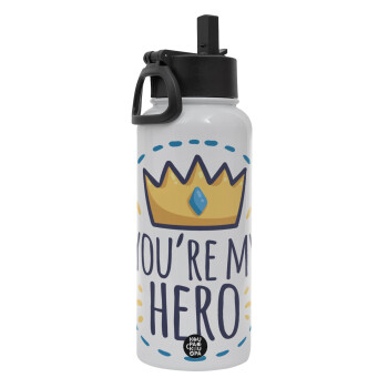 Dad, you are my hero!, Metal mug thermo White with Straw and Spout Lid (Stainless steel), double wall, 950ml