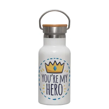 Dad, you are my hero!, Μεταλλικό παγούρι θερμός (Stainless steel) Λευκό με ξύλινο καπακι (bamboo), διπλού τοιχώματος, 350ml