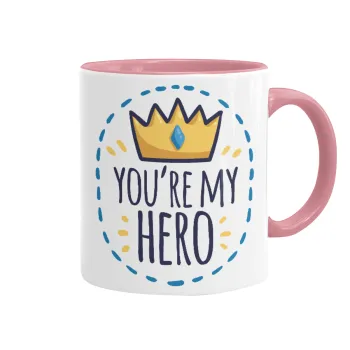 Dad, you are my hero!, Κούπα χρωματιστή ροζ, κεραμική, 330ml