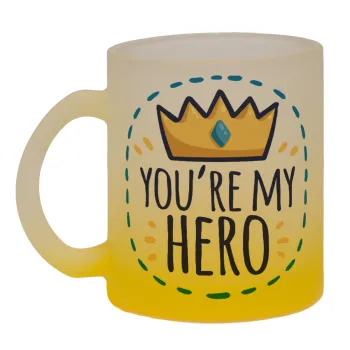 Dad, you are my hero!, Κούπα γυάλινη δίχρωμη με βάση το κίτρινο ματ, 330ml