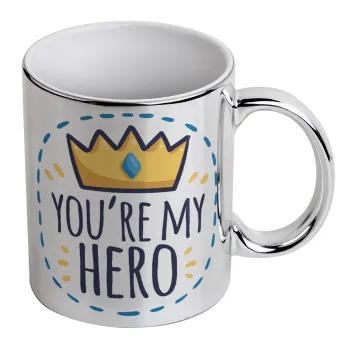 Dad, you are my hero!, Κούπα κεραμική, ασημένια καθρέπτης, 330ml