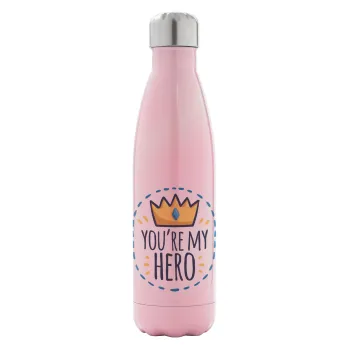 Dad, you are my hero!, Μεταλλικό παγούρι θερμός Ροζ Ιριδίζον (Stainless steel), διπλού τοιχώματος, 500ml