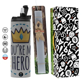 Dad, you are my hero!, Πασχαλινή Λαμπάδα με Travel Tumbler θερμό (600ml, BPA free) & κερί αρωματικό πλακέ (30cm) (ΓΚΡΙ)