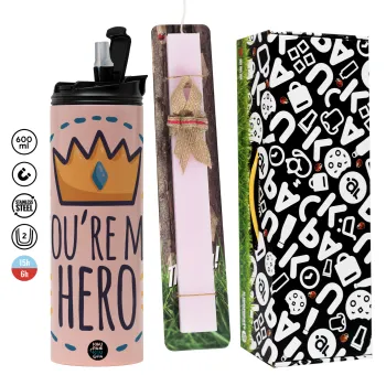 Dad, you are my hero!, Πασχαλινή Λαμπάδα με  ΡΟΖ Travel Tumbler θερμό (600ml, BPA free) & κερί αρωματικό πλακέ (30cm) (ΡΟΖ)