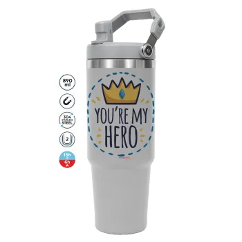 Dad, you are my hero!, GREY color, 890ml (30oz) stainless Steel Tumbler with Handle