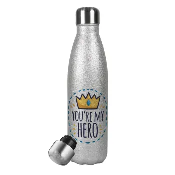 Dad, you are my hero!, Metallic Glitter Silver Thermos Flask (Stainless steel), double-walled, 500ml