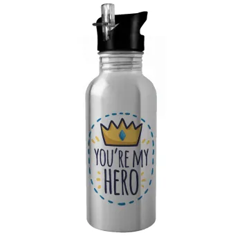 Dad, you are my hero!, Water bottle Silver with straw, stainless steel 600ml