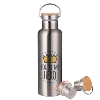 Dad, you are my hero!, Stainless steel Silver with wooden lid (bamboo), double wall, 750ml