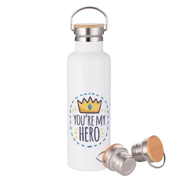 Dad, you are my hero!, Μεταλλικό παγούρι θερμός (Stainless steel) Λευκό με ξύλινο καπάκι (bamboo), διπλού τοιχώματος, 750ml
