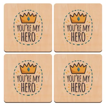Dad, you are my hero!, ΣΕΤ x4 Σουβέρ ξύλινα τετράγωνα plywood (9cm)