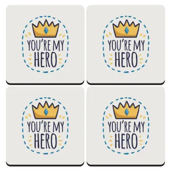 Dad, you are my hero!, ΣΕΤ 4 Σουβέρ ξύλινα τετράγωνα (9cm)