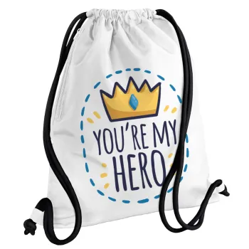Dad, you are my hero!, Τσάντα πλάτης πουγκί GYMBAG λευκή, με τσέπη (40x48cm) & χονδρά κορδόνια