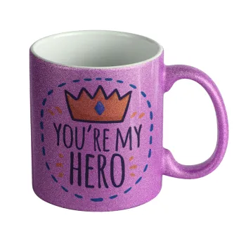 Dad, you are my hero!, Κούπα Μωβ Glitter που γυαλίζει, κεραμική, 330ml