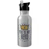 Water bottle Silver with straw, stainless steel 600ml