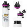 Metallic water bottle with safety lid, 850ml aluminum